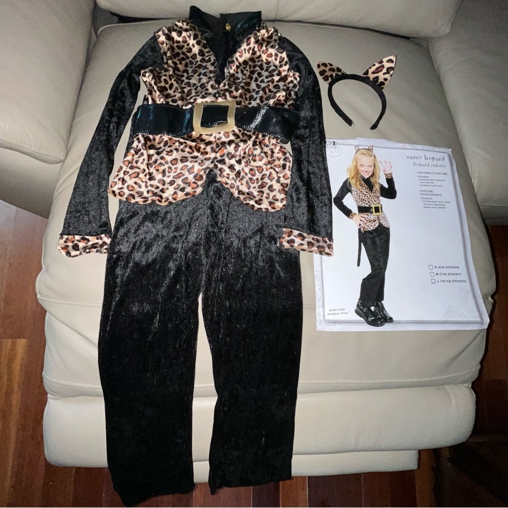 PMG HALLOWEEN 2pc Sassy Leopard Cat Costume Girls L/10-12 jumpsuit w tail, ears
